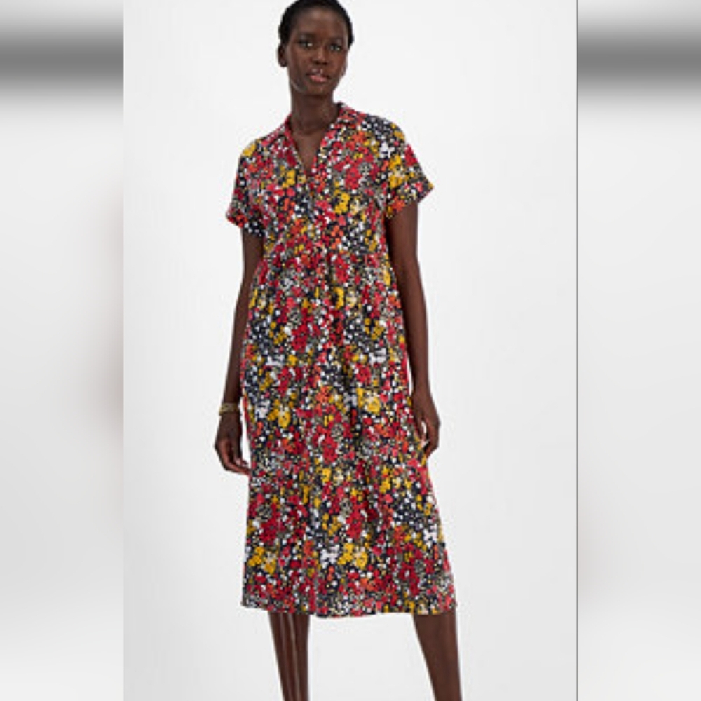 Tommy Hilfiger Red and Yellow Floral Midi Dress.Size L/G Pit To Pit 22"